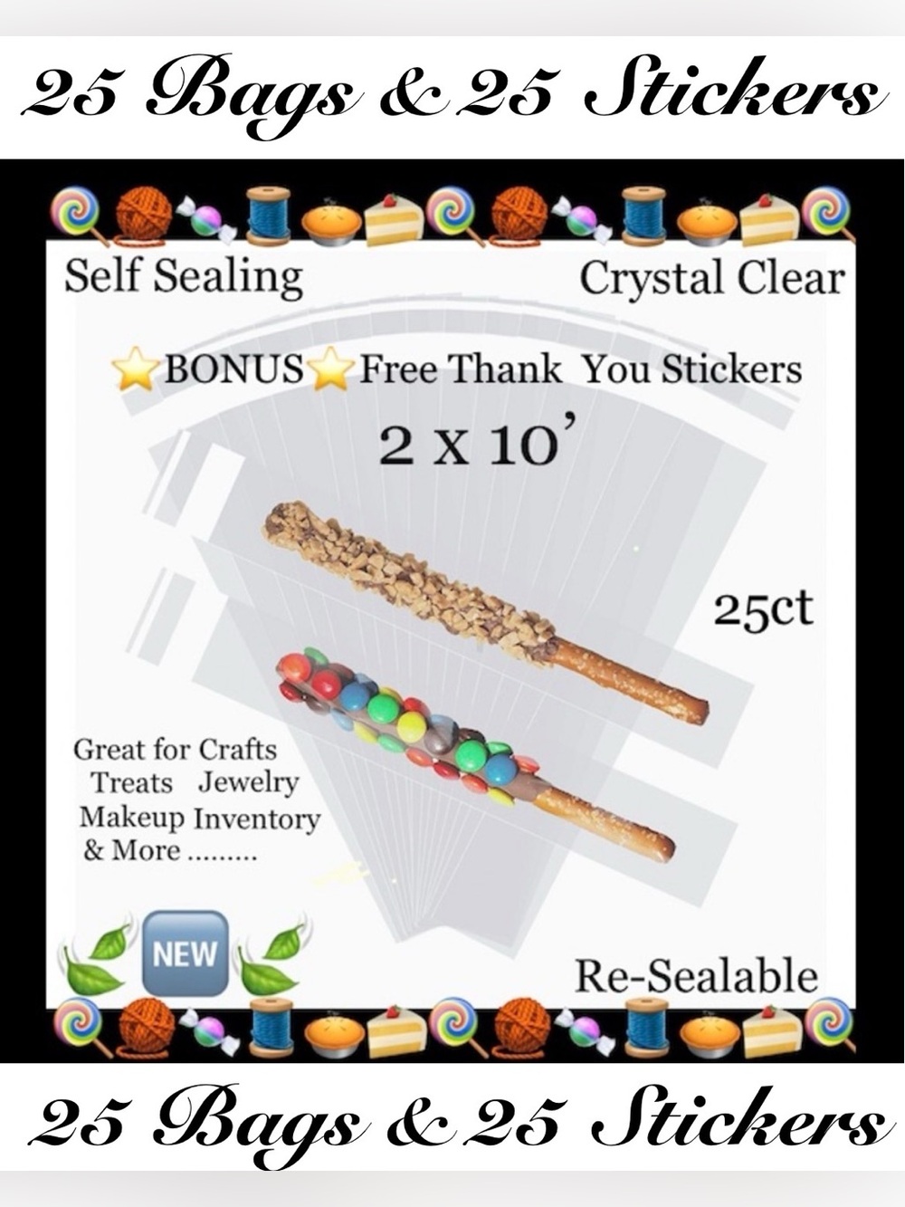 25ct 2x10’ Clear Cello Bags w/25ct Free Stickers 🍃🆕🍃Crystal Clear~ Resealable…